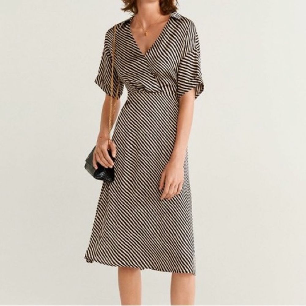 NWT Mango Mondrian Black and Tan Satin Bias Striped Midi Dress 6